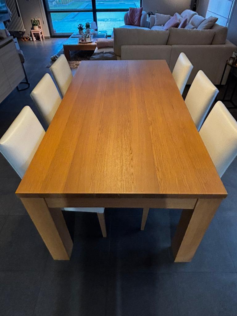 Grote eettafel + 8 witte lederen stoelen, Huis en Inrichting, Ophalen, Zo goed als nieuw, 6 tot 8 stoelen