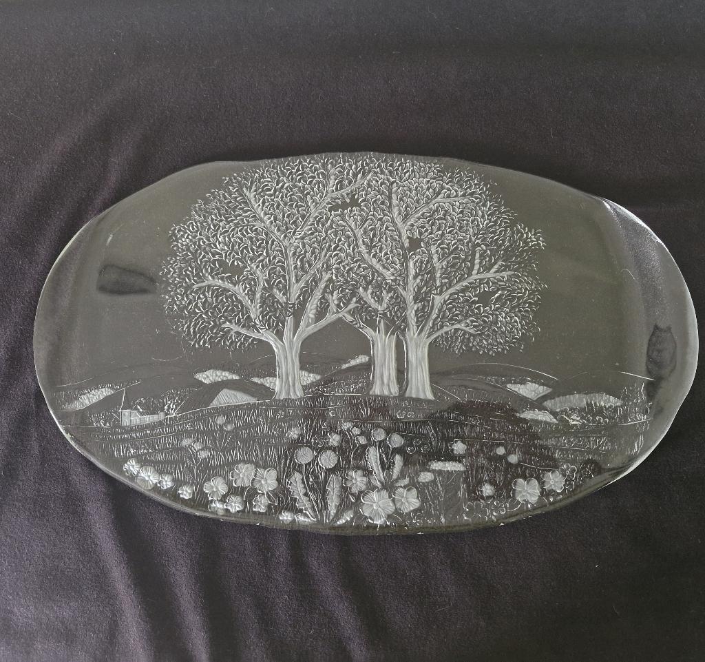 Vintage dienblad van kristalglas met natuurtafereel., Antiek en Kunst, Antiek | Glaswerk en Kristal, Ophalen of Verzenden