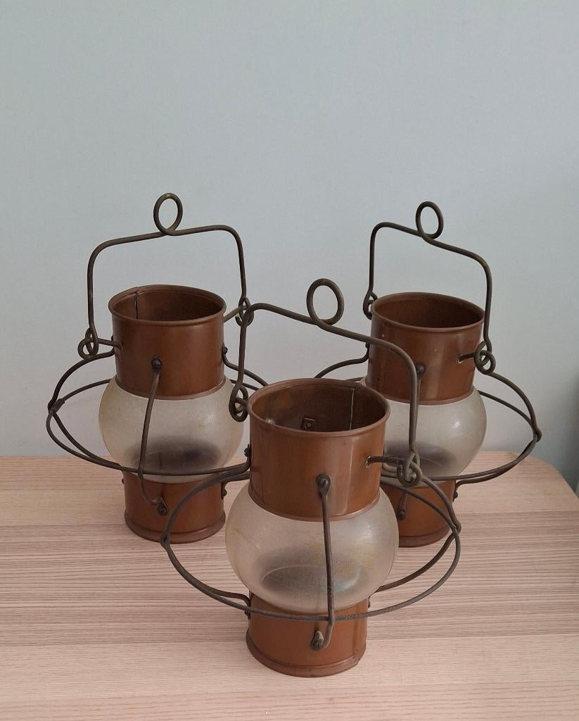 Lot de 3 lanternes de bateau en cuivre & verre – vintage, Enlèvement, Cuivre