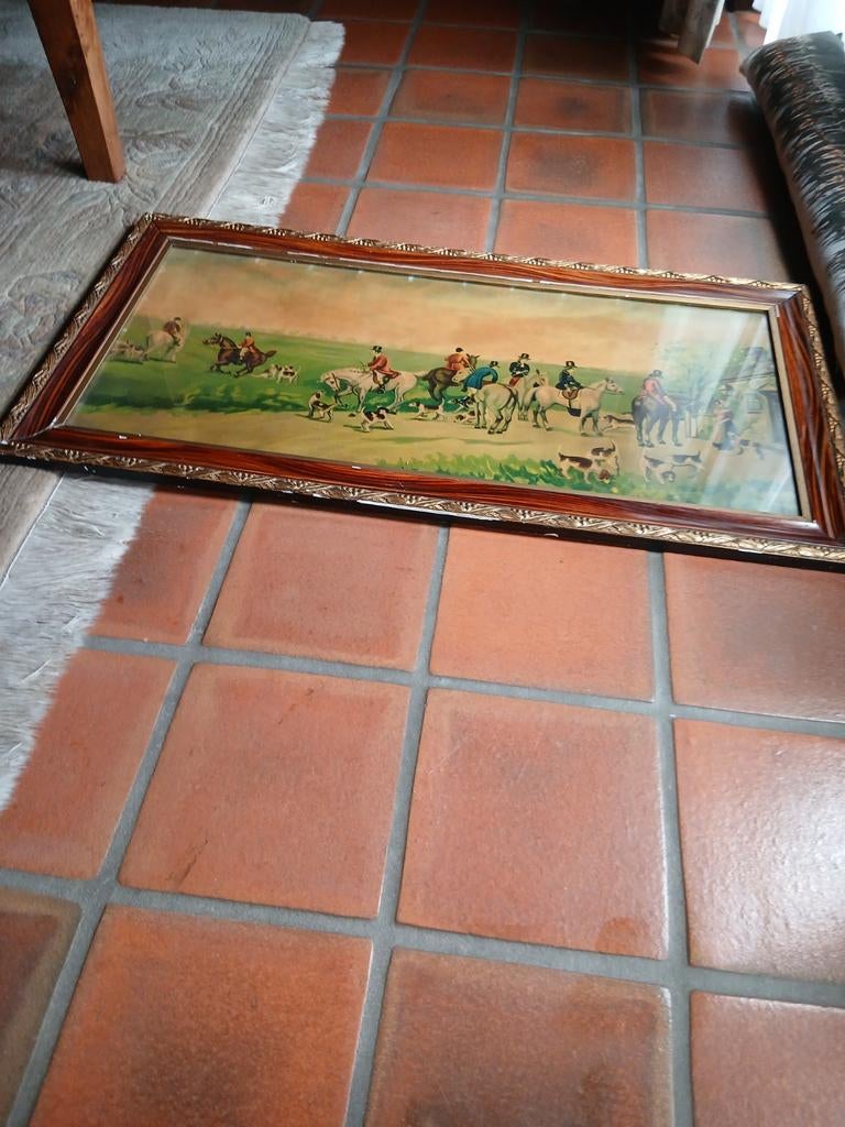 Vintage Engels jachttafereel XL met houten sierkader – 82x45, Vintage, Ophalen of Verzenden