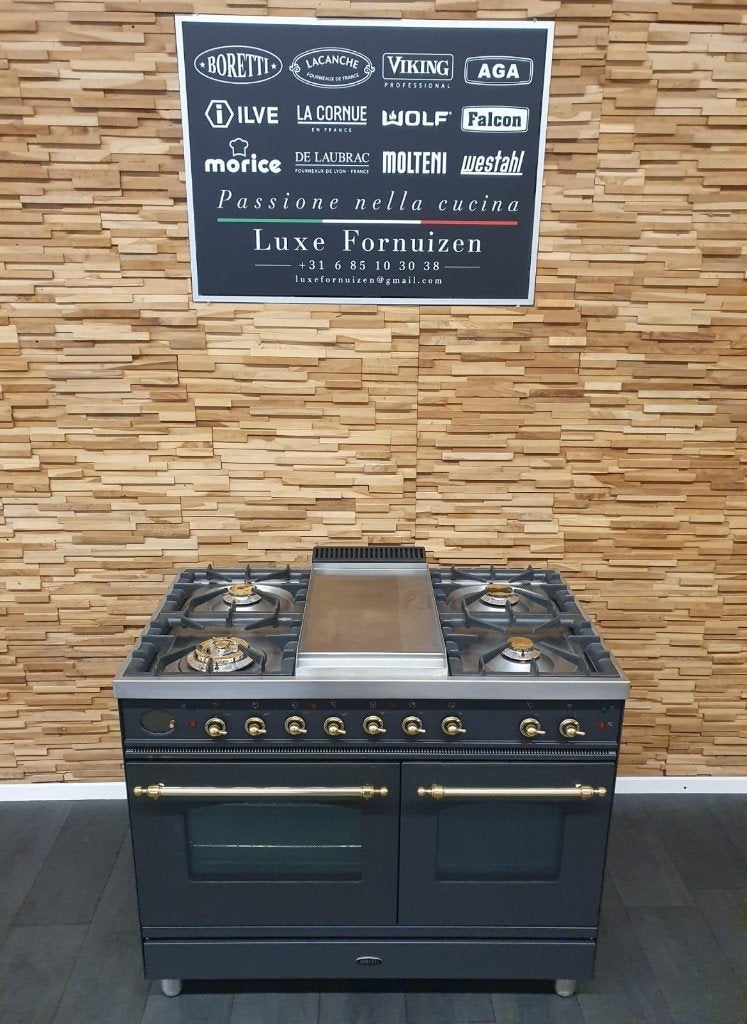 Luxe Boretti Gasfornuis 100cm antraciet & messing frytop, 60 cm of meer, Ophalen of Verzenden, Zo goed als nieuw, Energieklasse A of zuiniger