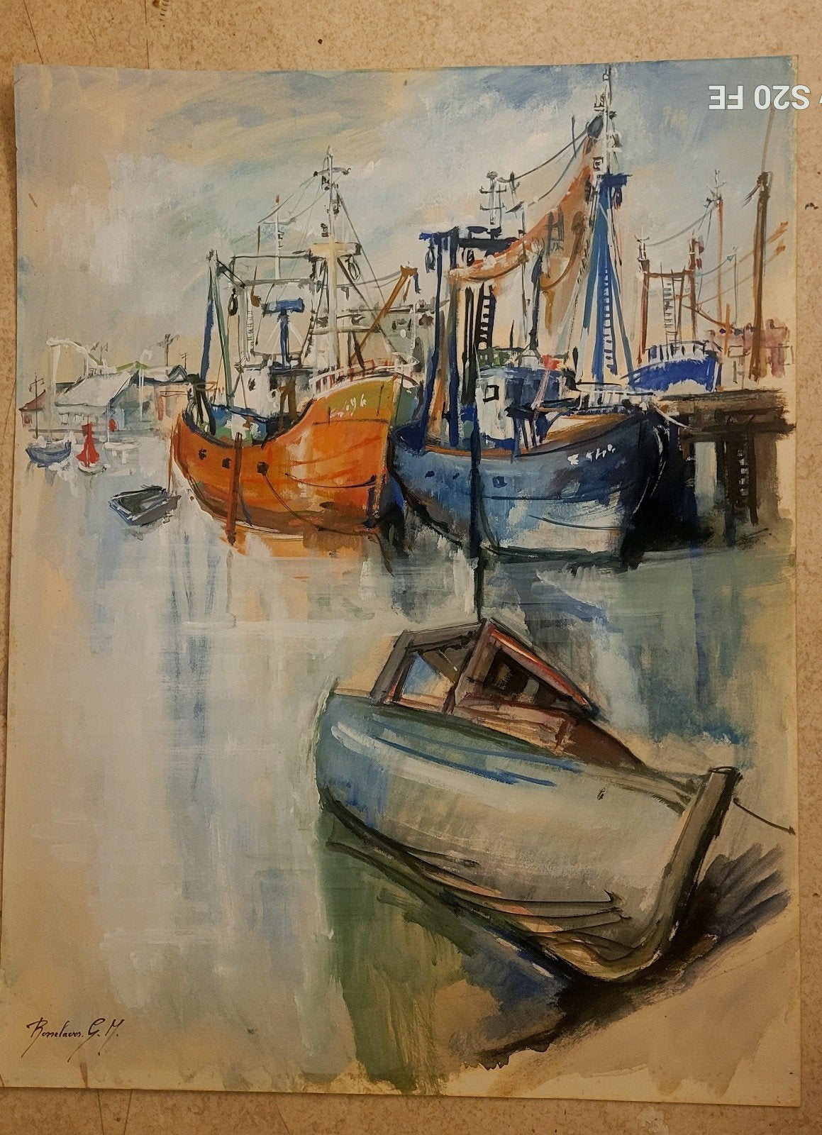 Chalutiers de la mer du Nord au port Ostende.#Zeebrugge, Antiquités & Art, Enlèvement ou Envoi, Aquarelle, Signé, Papier