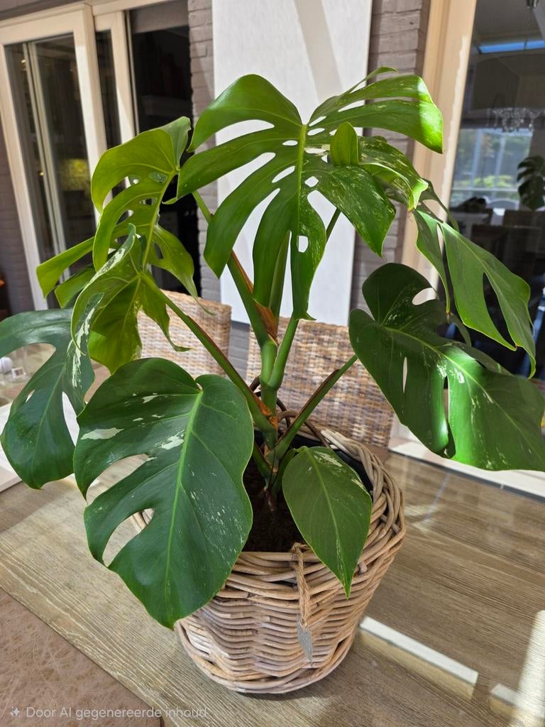 Monstera in rotan pot,
hoogte 60cm, Huis en Inrichting, Ophalen