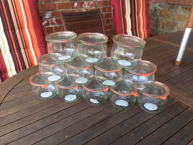 Boîte de 12 bocaux Weck "Tulipe" 580 mL, Maison & Meubles, Comme neuf, Enlèvement, Avec couvercle, Verre