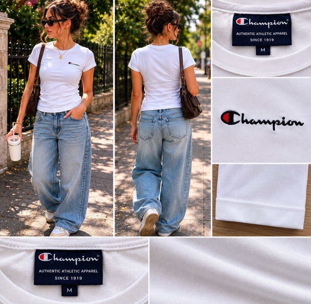 T-shirt Champion | Blanc | Logo Brodé | M  Femme Vintage Y2K, Taille 38/40 (M), Enlèvement ou Envoi, Comme neuf, Champion