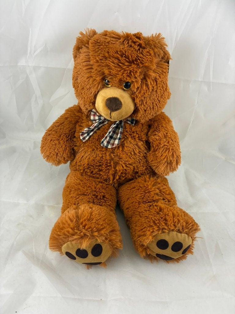 Bruine teddybeer met geruite strik - nooit gebruikt, Verzamelen, Ophalen of Verzenden, Zo goed als nieuw, Stoffen beer, Overige merken