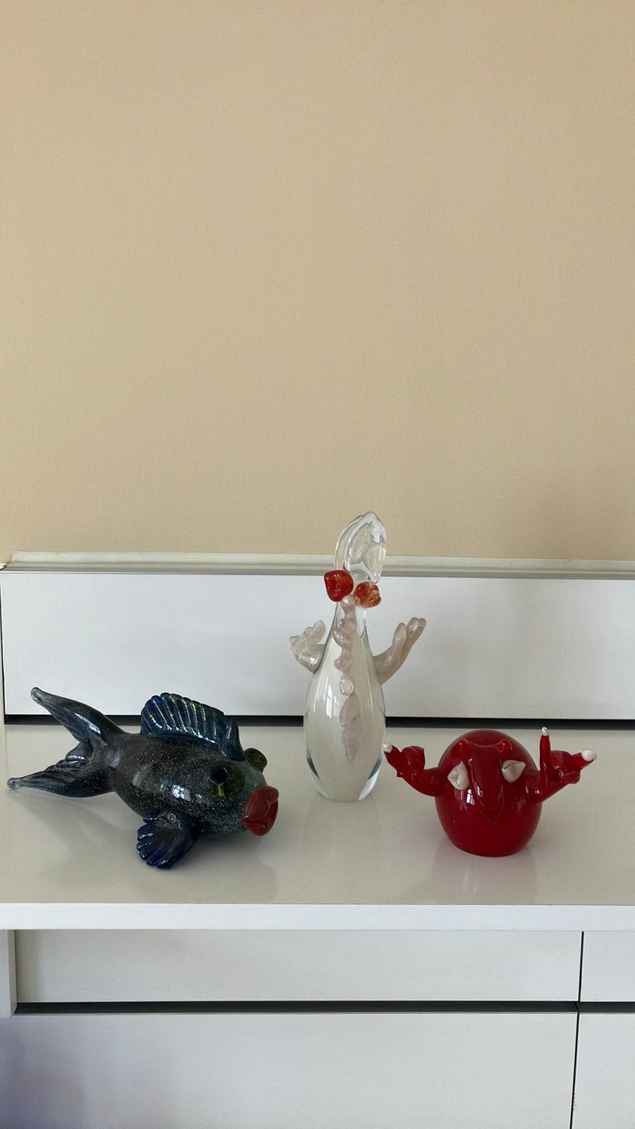 3 dieren in glas - art glass - vis - kip, Ophalen of Verzenden, Zo goed als nieuw, Rood, Glas