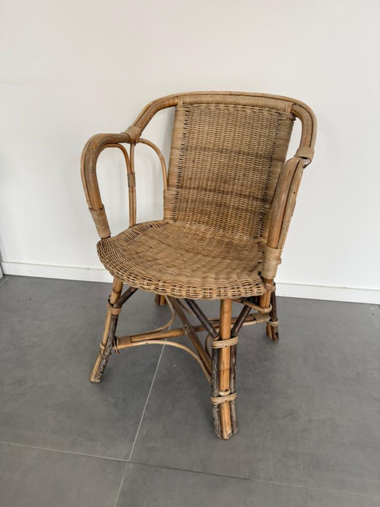 Vintage rotan stoel – boho, Scandinavische stijl deco, Huis en Inrichting, Stoelen, Ophalen, Gebruikt, Bruin, Eén