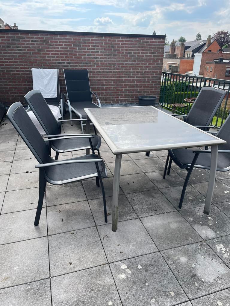 Tuinset met glazen tafel en 4 stoelen (en 2 ligbedden), Ophalen, Gebruikt, Eettafel, Tuinset