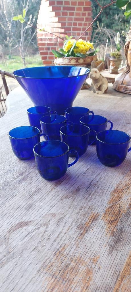 Arcoroc/france/grote bowl en 8 kopjes/kobaltblauw glas, Antiek en Kunst, Ophalen