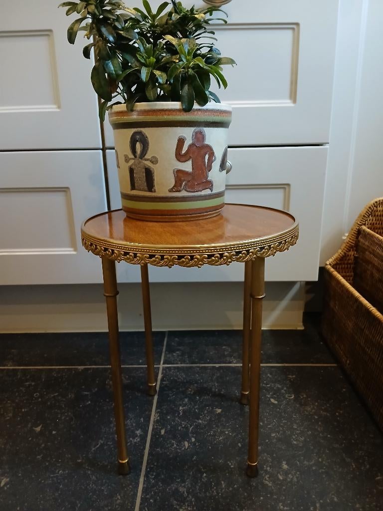 Bijzettafeltje messing plantentafel vintage pied de stalle, Enlèvement ou Envoi, Hollywood Regency stijl klassiek