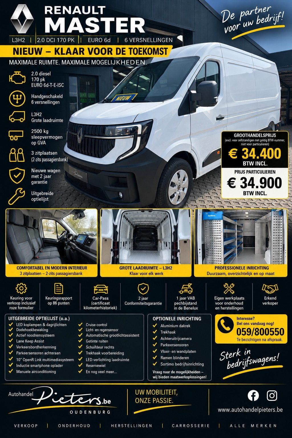 Renault Master L3H2 170 PK - 2 jaar garantie - NIEUW - 28842, Autos, Neuf, Euro 6, Entreprise, 3 places