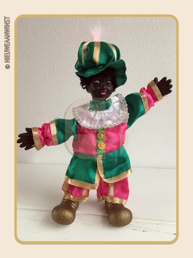 Nostalgische etalage Piet pop - roze/groen/goud - 22cm, Verzenden, Gebruikt