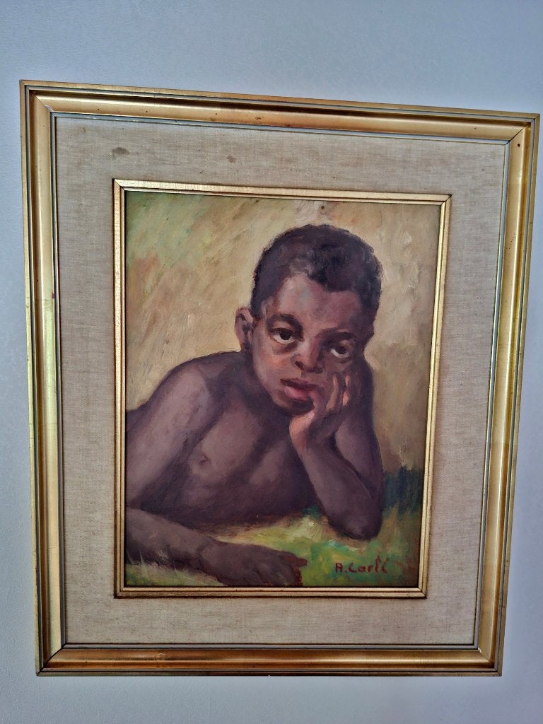 Origineel Olieverfschilderij 'Afrikaanse Jongen' – A. Carté, Portrait ou Personnes, Enlèvement, Impression, Toile