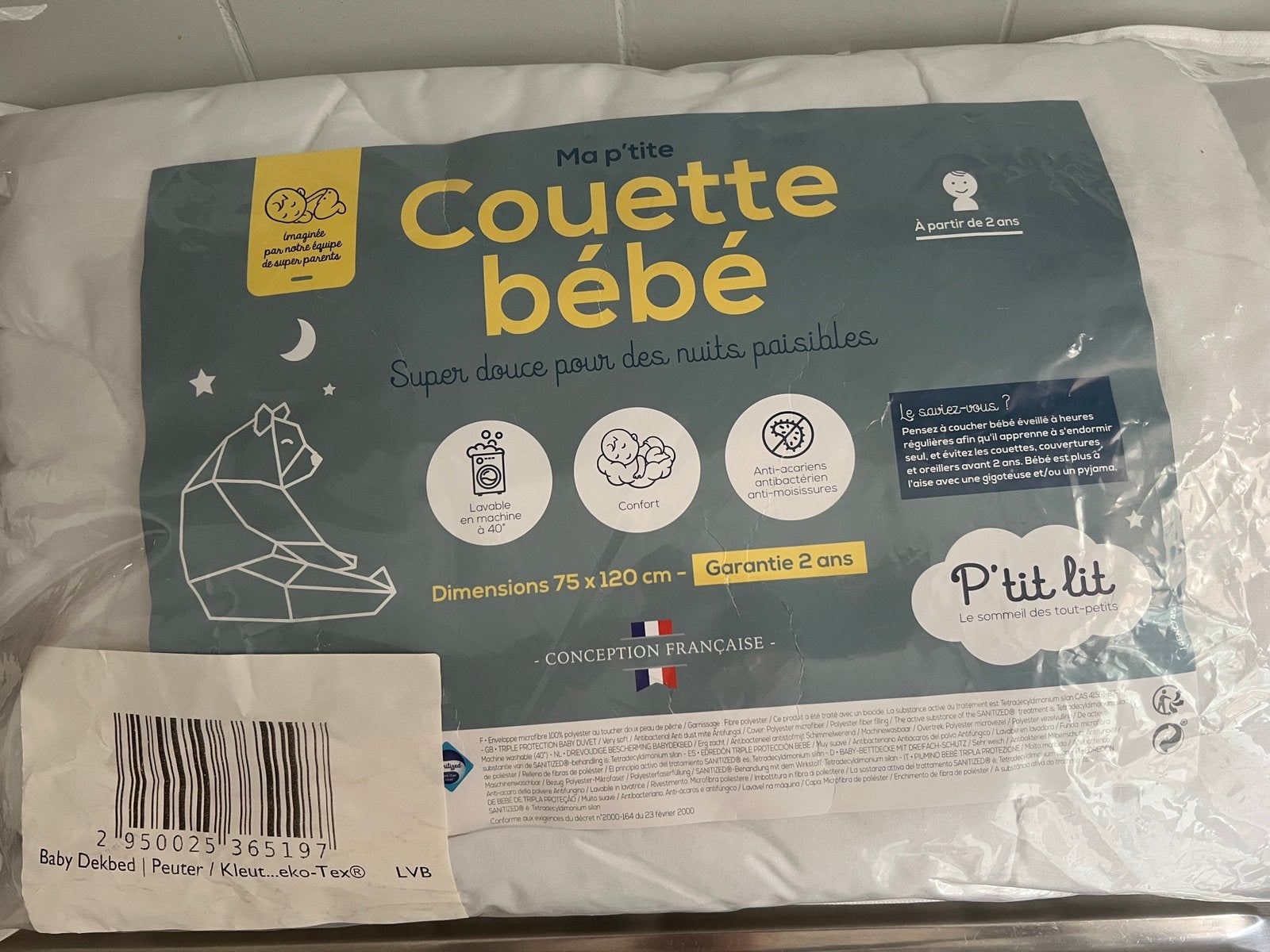 Donsdekentje + kussentje kinderbedje, Kinderen en Baby's, Ophalen, 120 cm, Overige merken, Zo goed als nieuw