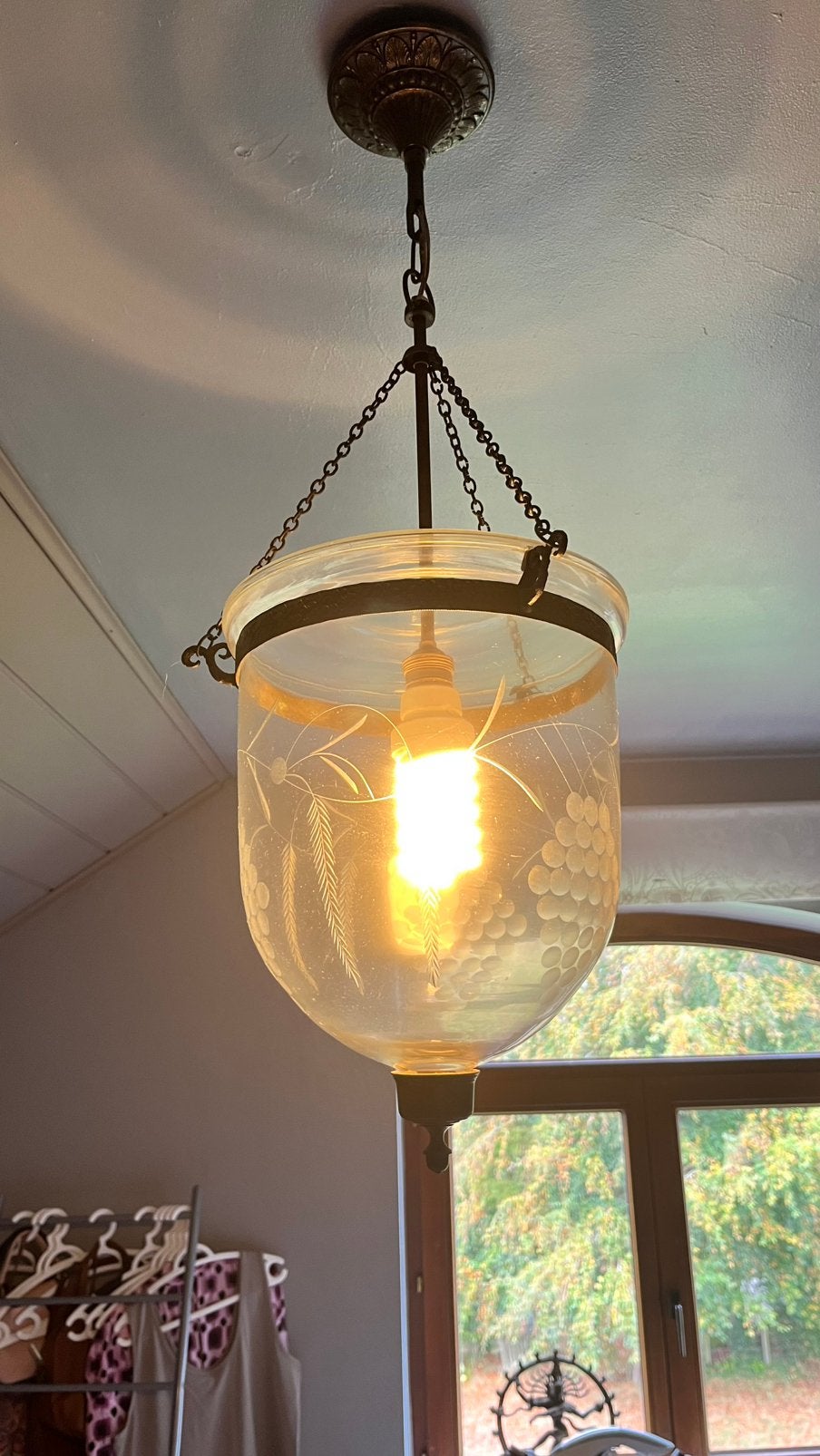 Hundi Hanglamp (1880-1920) | Bell Jar  met Druivenmotief, Ophalen, Gebruikt, Glas
