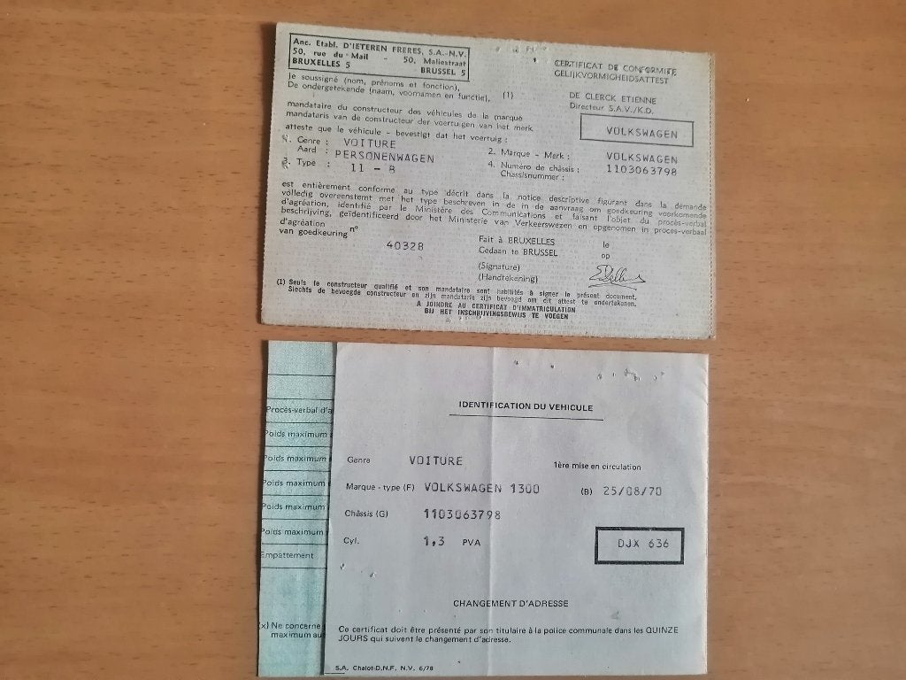 Certificat d'immatriculation et de conformité VW1300 de 1970, Enlèvement ou Envoi, Voitures