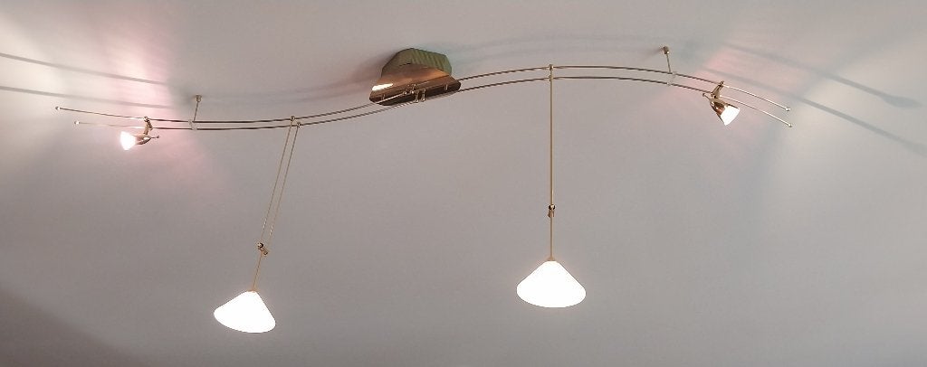 Plafondlamp gebogen rails, 4 spots, glanzend goud, GU5.3, Comme neuf, Enlèvement, Doré