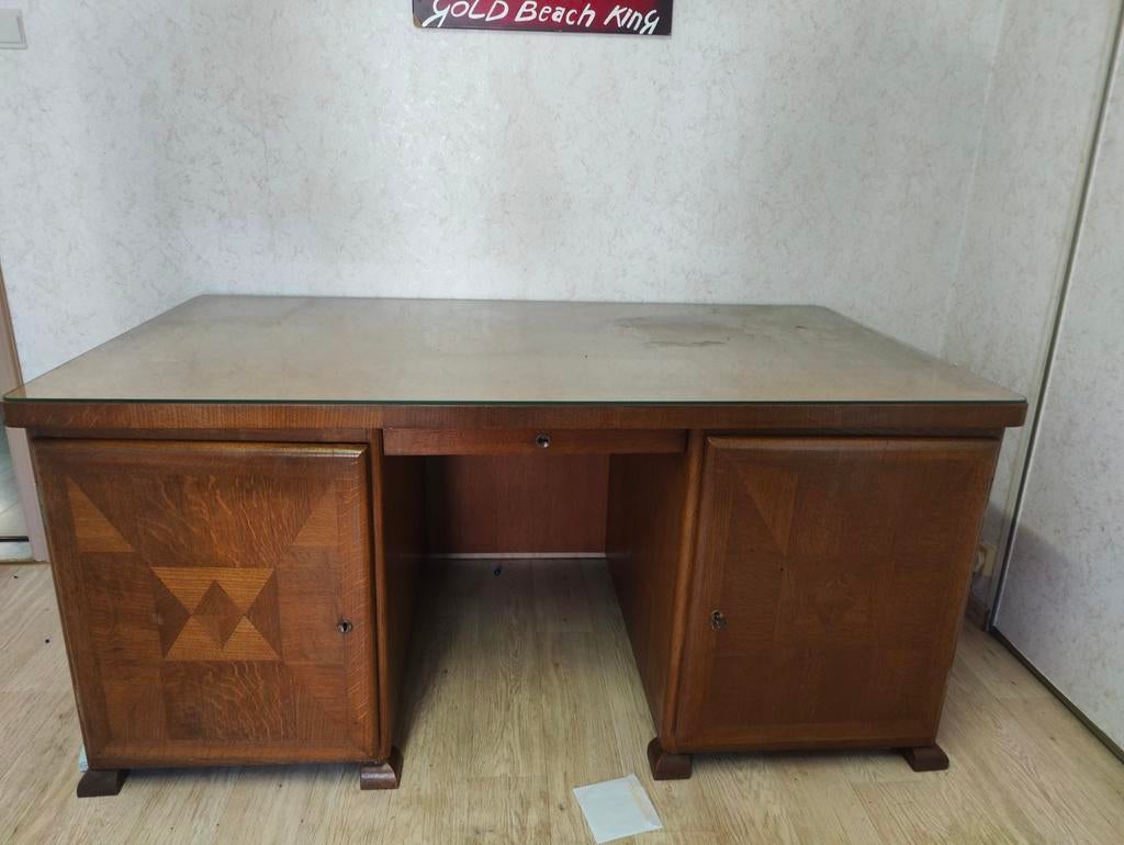Vintage houten bureau met glazen blad – veel opbergruimte, Ophalen