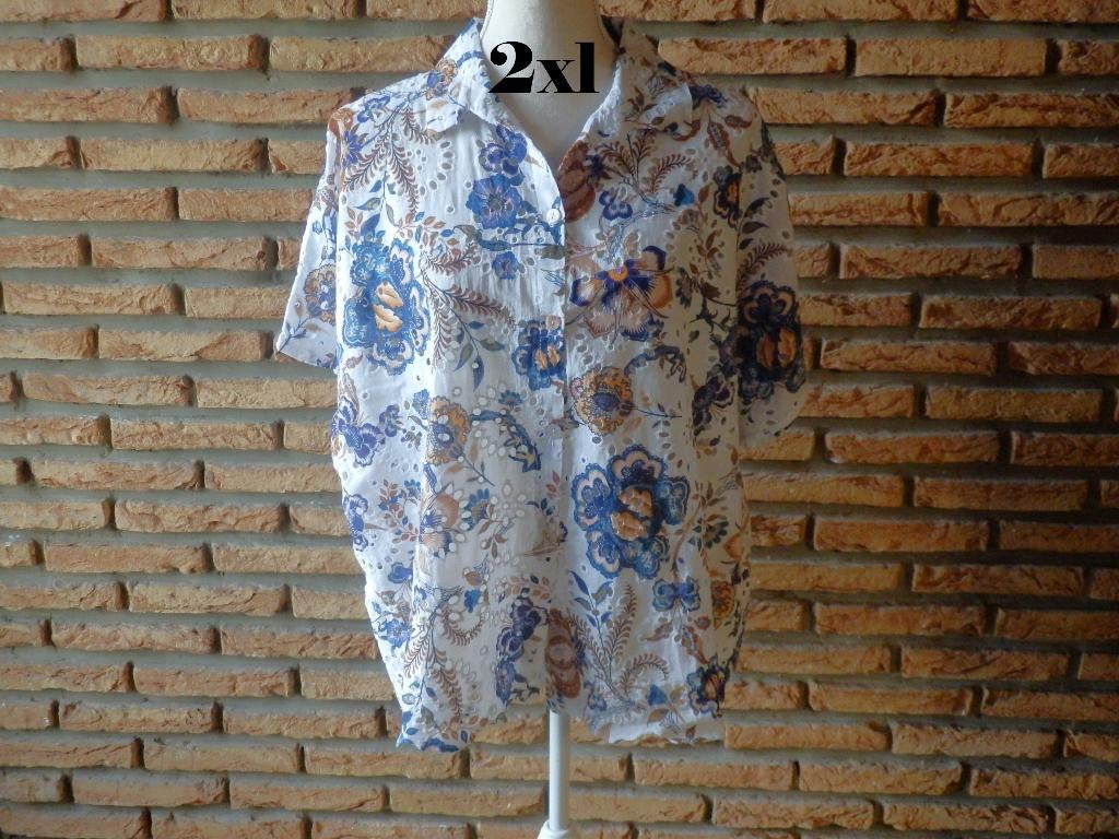 (11) - chemisier femme t.2xl  blanc bleu brun - jin -, Enlèvement ou Envoi, Comme neuf, Bleu, Taille 42/44 (L)