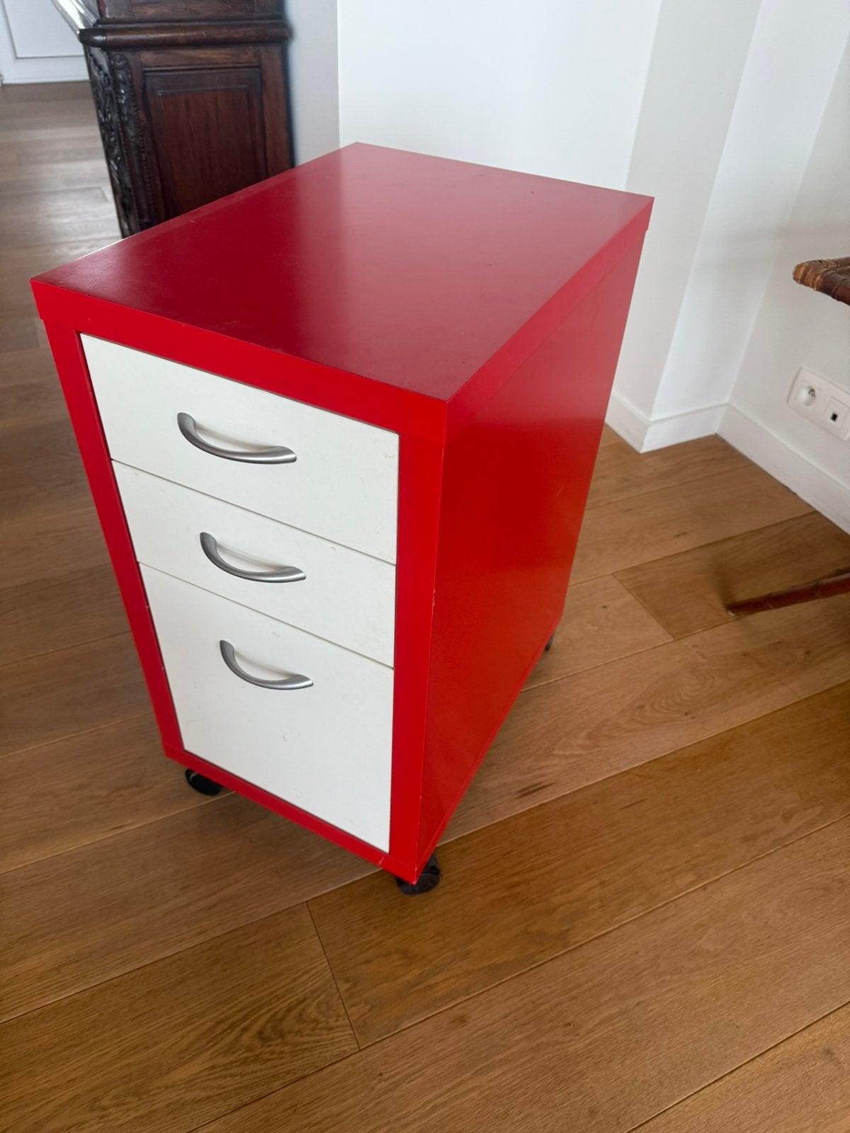 IKEA rood-wit bureauvoetstuk met 3 laden en wielen, Ophalen, Minder dan 50 cm, Zo goed als nieuw, 3 of 4 laden
