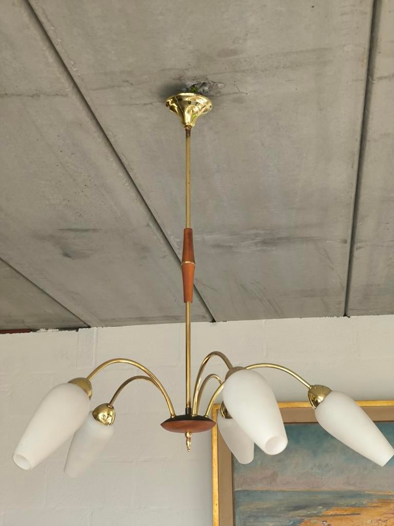 Vintage kroonluchter 6 opaline bollen, jaar 1955, Ophalen, Zo goed als nieuw, Metaal, Vintage