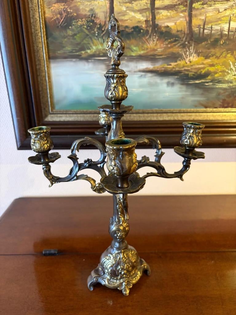 Oude bronzen kandelaar 4-armig barok/rococo stijl, Antiek en Kunst, Ophalen