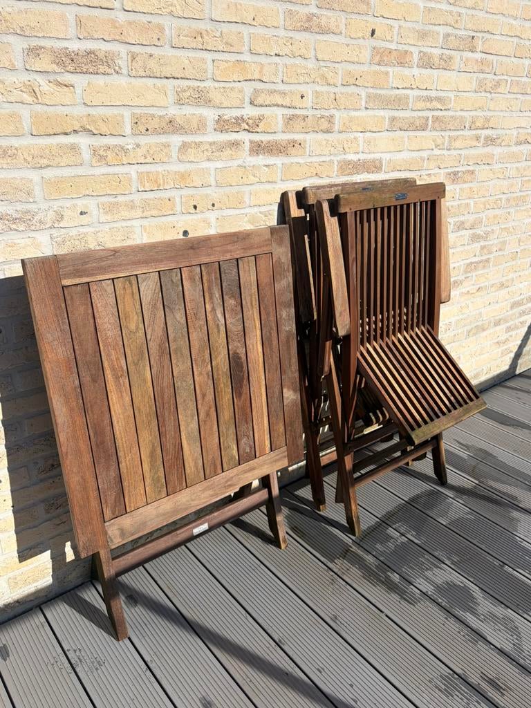 Teak tuintafel met 2 inklapbare stoelen, Enlèvement, Utilisé