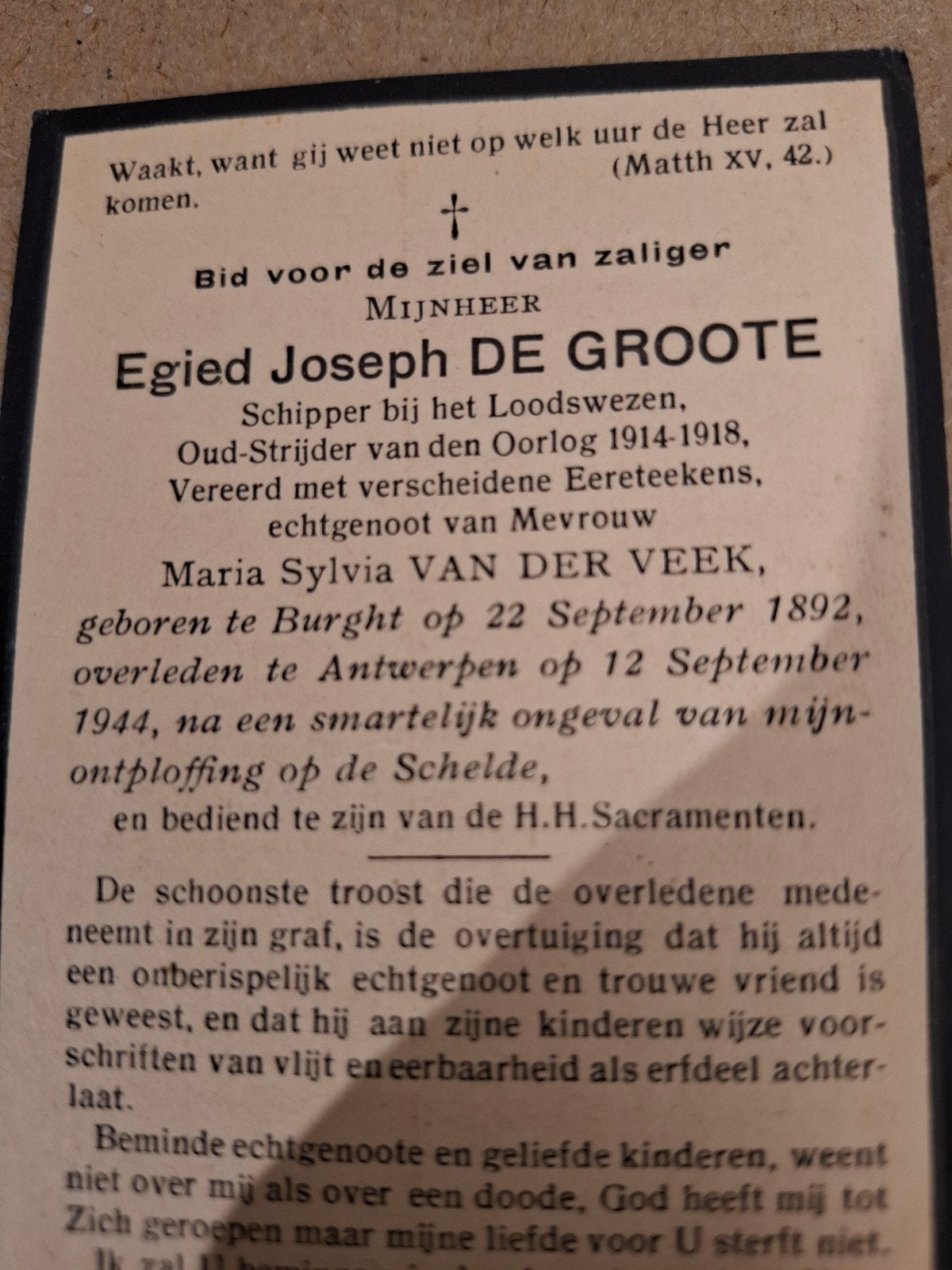 overleden na een mijn ontploffing op de schelde, Ophalen of Verzenden