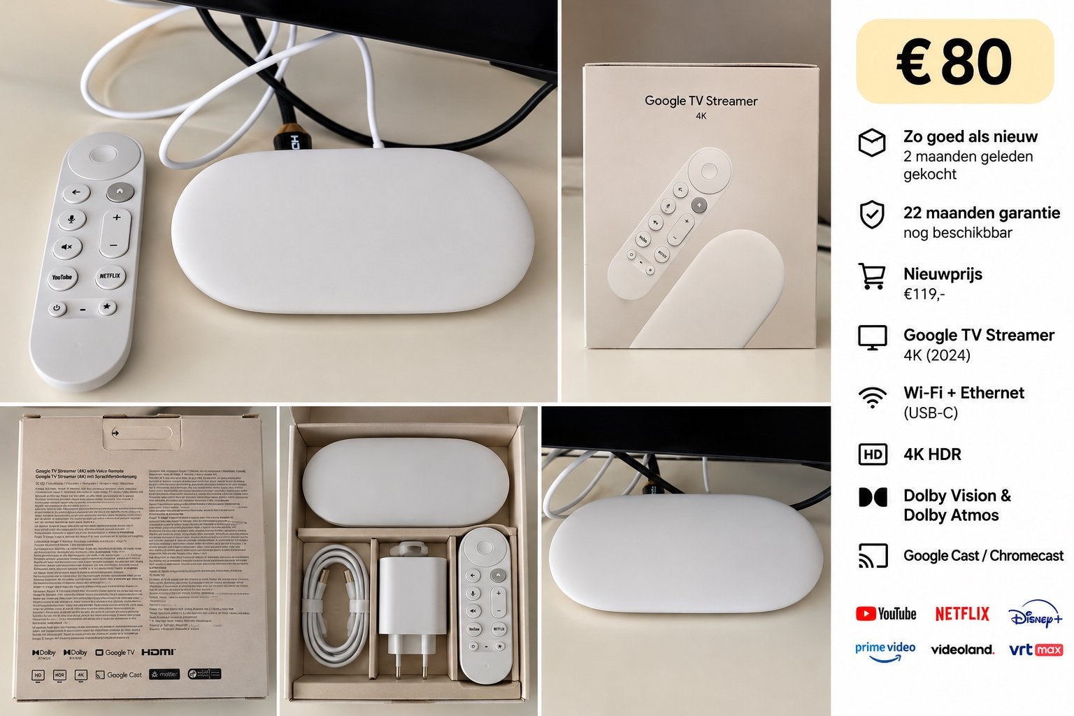 Google TV Streamer 4K – Zo goed als nieuw – 22 maanden garan, Ophalen, Zo goed als nieuw, HDMI, Minder dan 500 GB