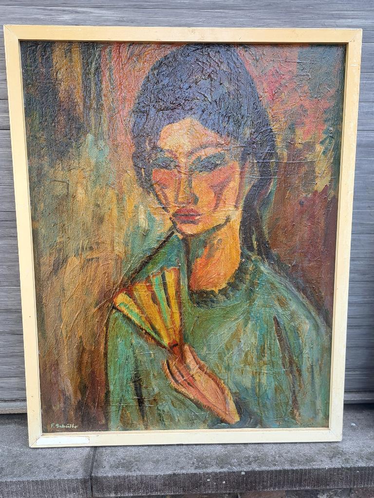 huile sur panneau femme a eventail signe, Enlèvement ou Envoi