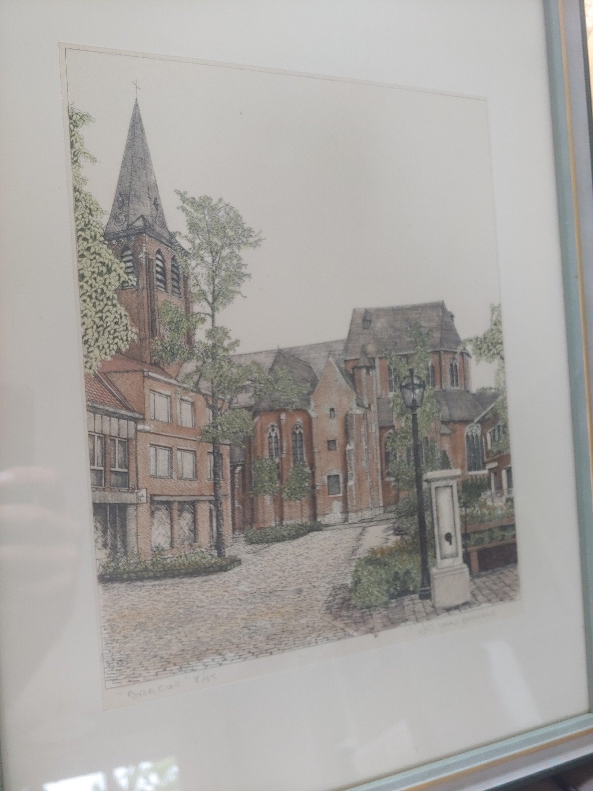 sint Michielskerk Brecht/ gemeenteplein '80/ Jo van damme, Antiek en Kunst, Kunst | Etsen en Gravures, Ophalen, Ets, Genummerd