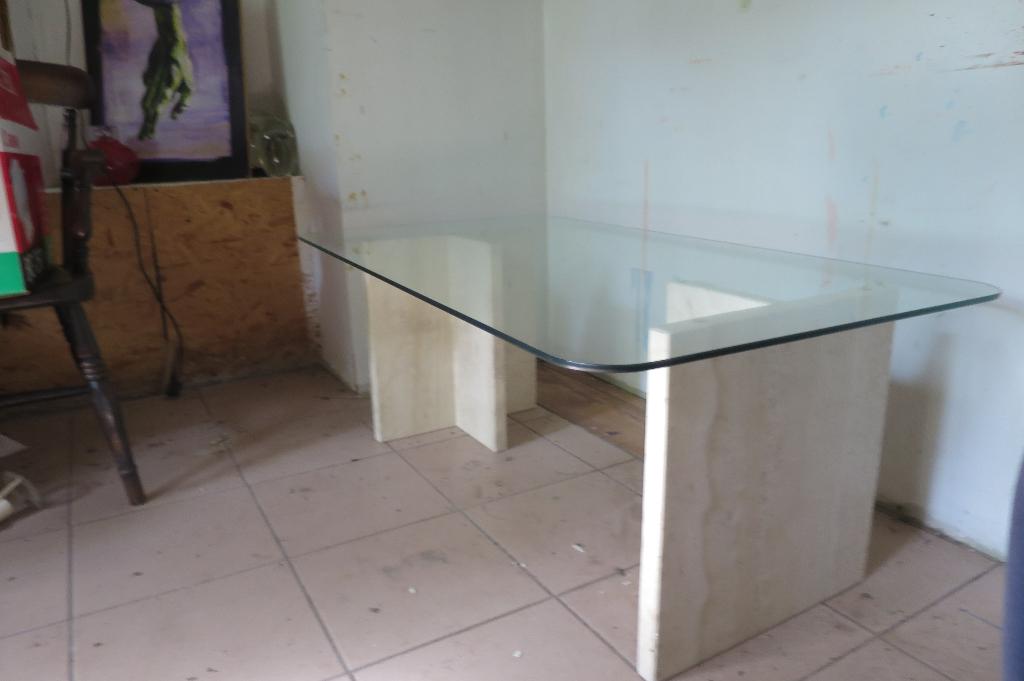 Italiaanse vintage salontafel van travertijn en glas, 1970, Ophalen, Gebruikt, 100 tot 150 cm, 50 tot 100 cm