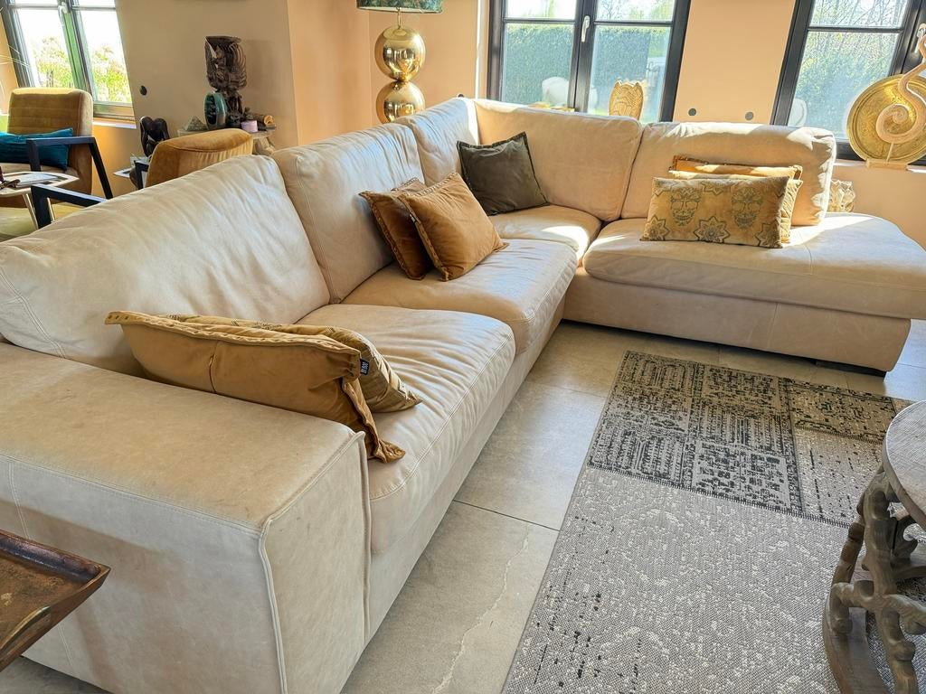 Luxe hoekbank in buffelleer – beige – nieuwprijs €5000, Maison & Meubles, Canapés | Coins salons complets, Utilisé, Enlèvement