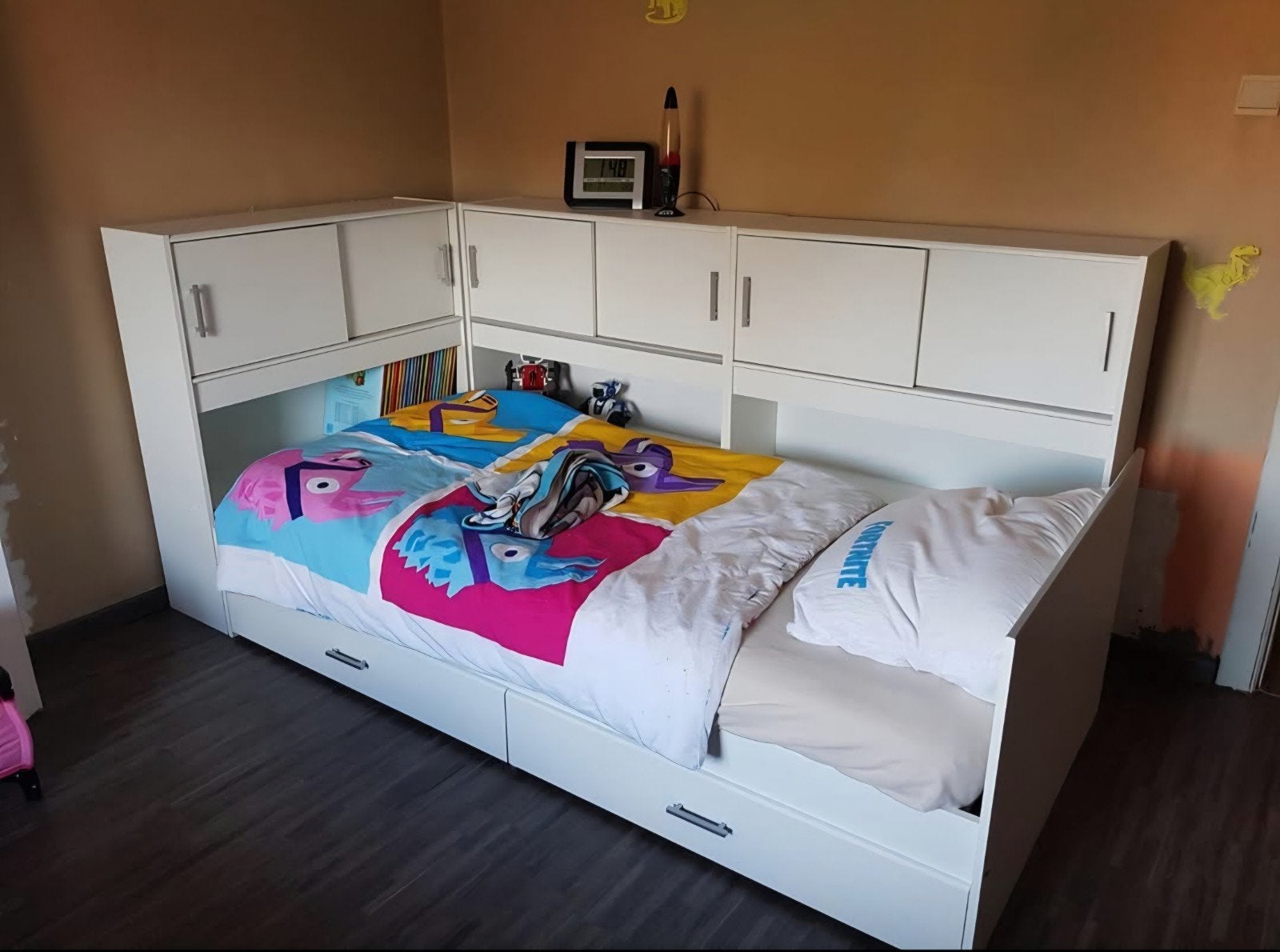 Eenpersoonsbed met lades en opbergkastjes, Huis en Inrichting, Slaapkamer | Bedden, Ophalen, Wit
