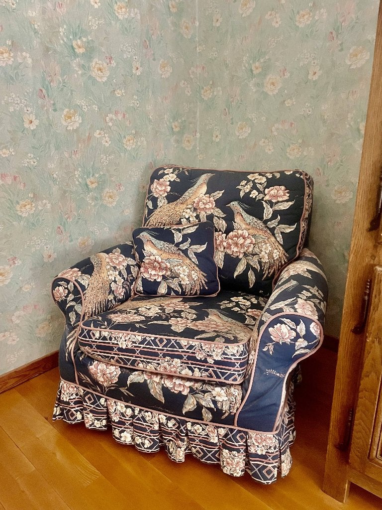 Vintage fauteuil perfecte staat, patroon vogels en bloemen, Ophalen, Gebruikt, Chinoiserie, floral, vintage, 75 tot 100 cm