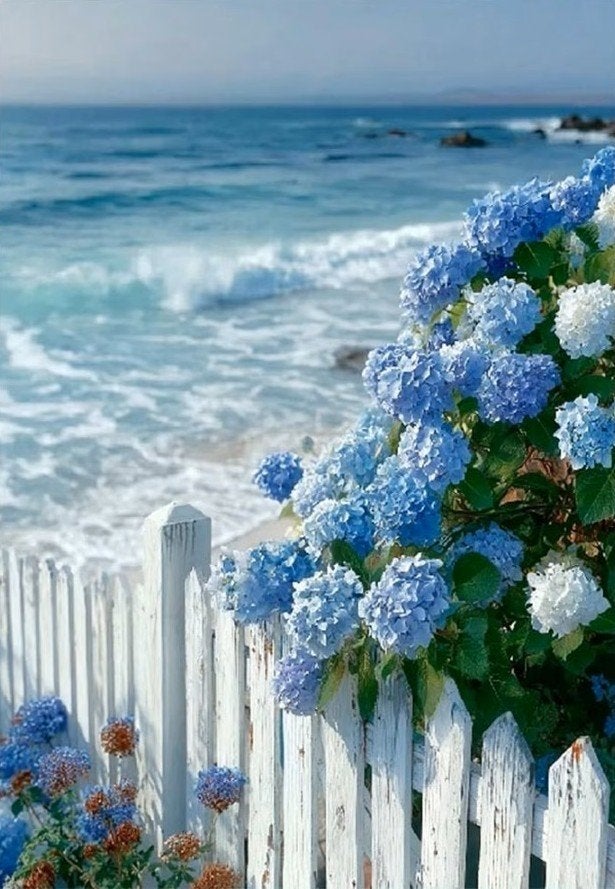 Peinture au diamant 40x30cm Fleurs de bord de mer n 206, Neuf, Enlèvement ou Envoi, Bleu, Diamond painting