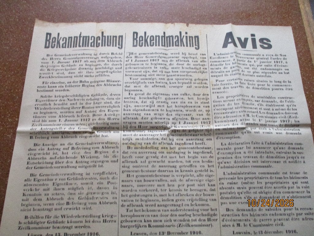 Louvain 1916. Démolition de bâtiments (dommages de guerre), Enlèvement ou Envoi