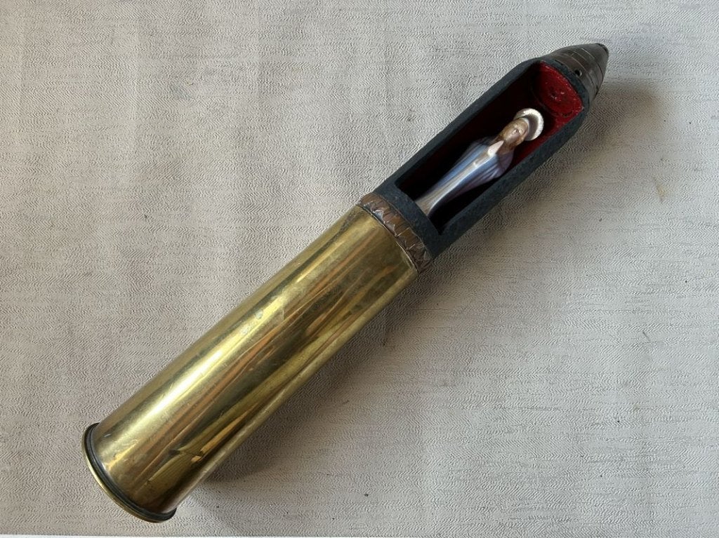wo1 - Trench art 18 Pdr met mariabeeldje 1916 - LEEG, Verzamelen, Ophalen of Verzenden, Landmacht, Hulzen of Bodemvondsten