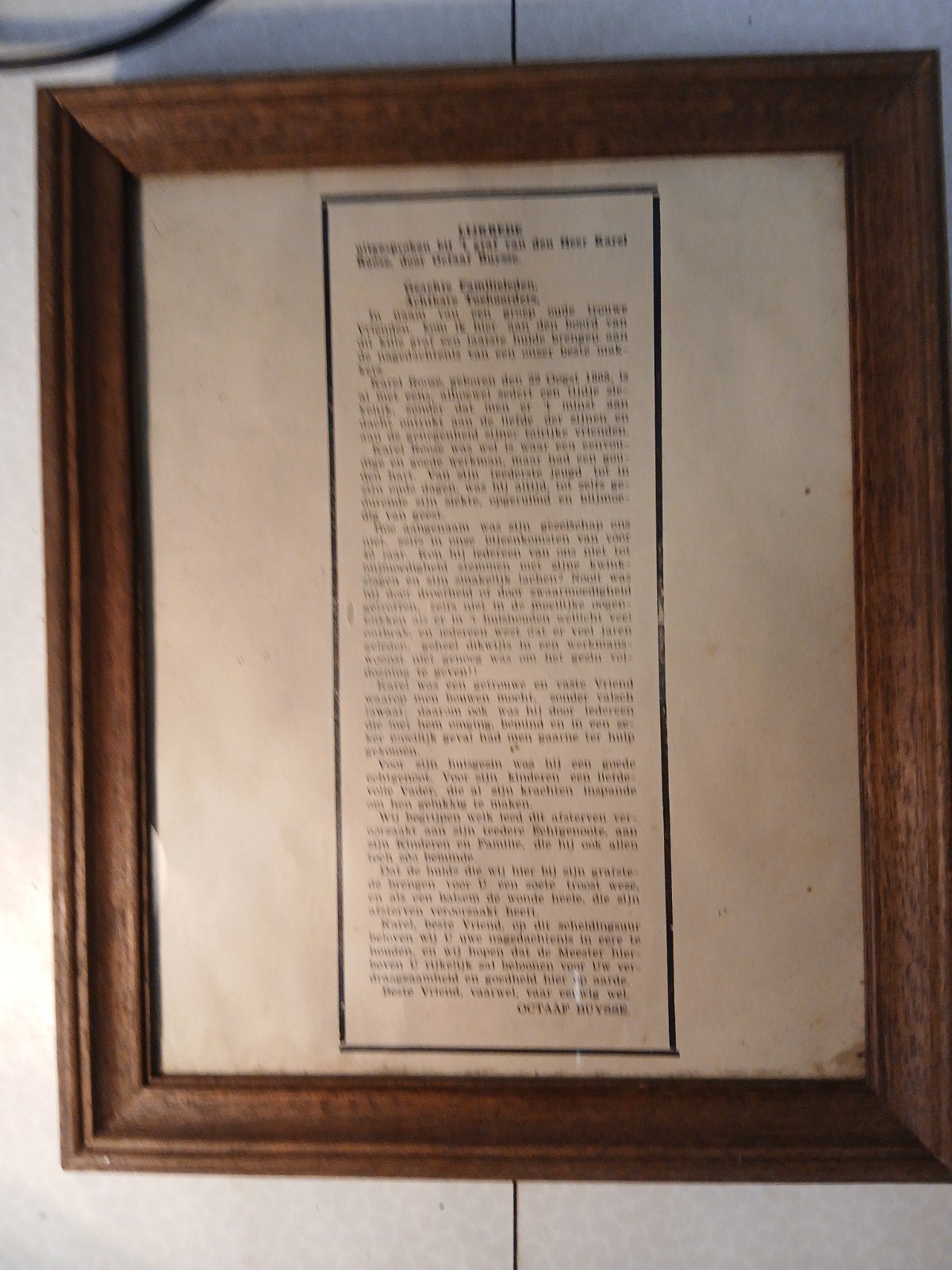 Bidprent lijkrede ingekaderd  octaaf buysse, Verzamelen, Ophalen of Verzenden