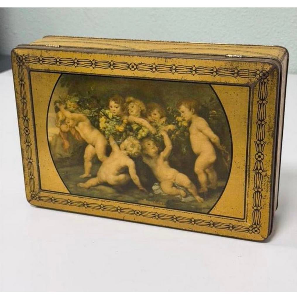 Vintage brocante koekjes blik PAREIN engeltjes goudkleur, Verzamelen, Ophalen of Verzenden, Zo goed als nieuw, Koek(jes)
