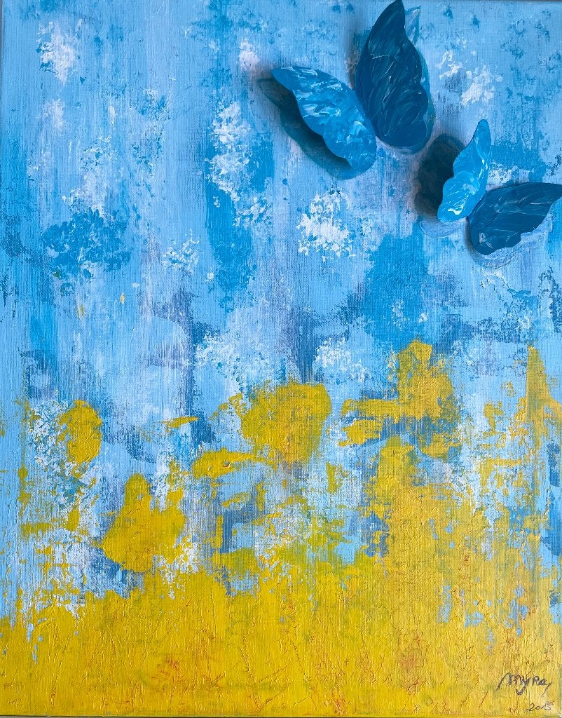 olieverf schilderij met vlinders, Antiquités & Art, Textile, Peinture à l'huile, Peint à la main, Enlèvement