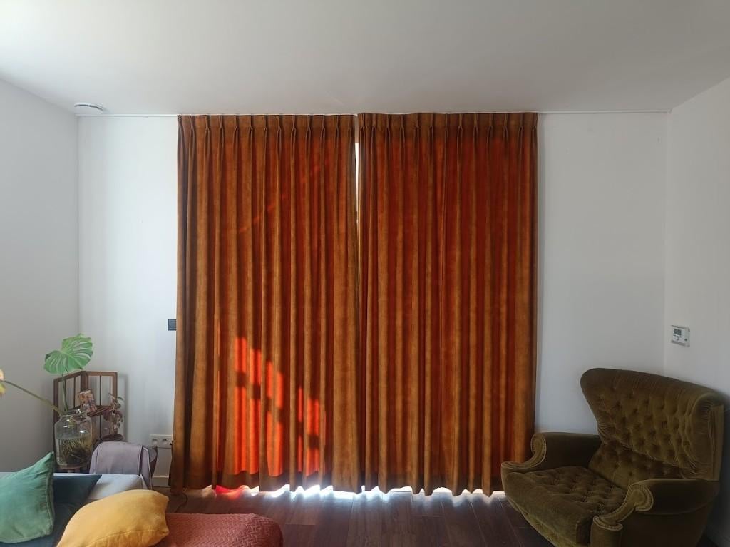 Velours gordijnen oker, Huis en Inrichting, Ophalen, Overige kleuren, 200 cm of meer, Zo goed als nieuw