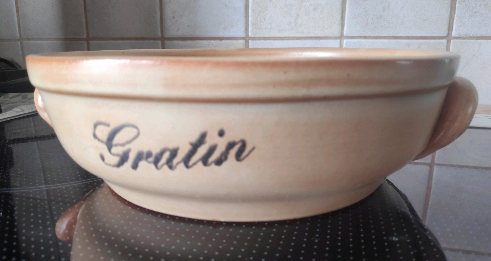 Plat rond à gratin en terre cuite, Vintage, Comme neuf, Céramique, Enlèvement