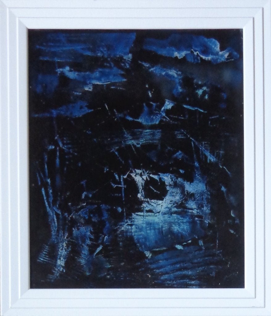 CECILE SAMAIN / BLAUWE ABSTRACTIE / OLIEVERF / 71x61cm KADER, Antiek en Kunst, Ophalen