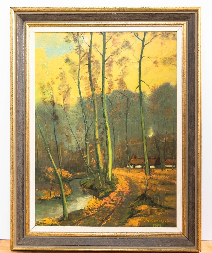 Tableau Rivière en forêt - Schoemans, Antiquités & Art, Art | Peinture | Classique, Paysage, Classique, Peinture à l'huile, Panneau