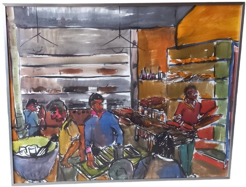 Willy Lecomte "bij de bakker"., Antiek en Kunst, Aquarel, Overige onderwerpen, Papier, Ophalen