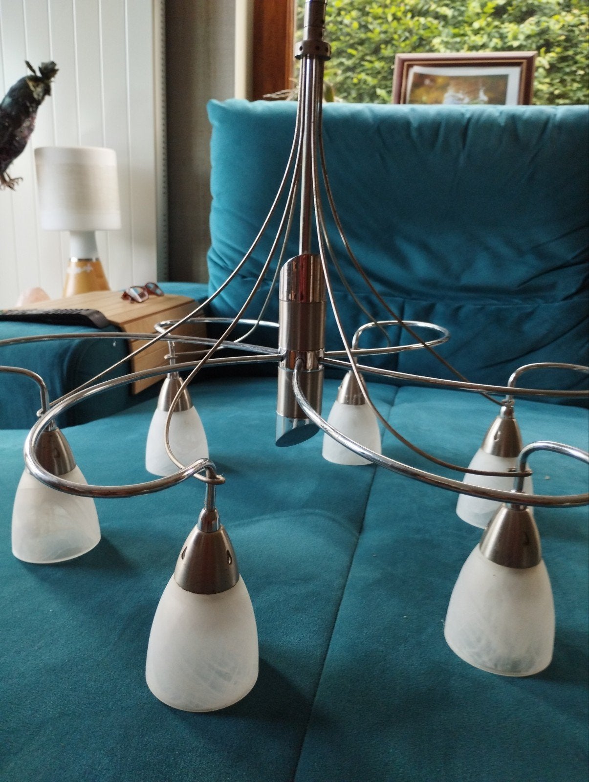 Beau lustre 6 lampes en verre aluminium, Enlèvement ou Envoi, Comme neuf, Verre
