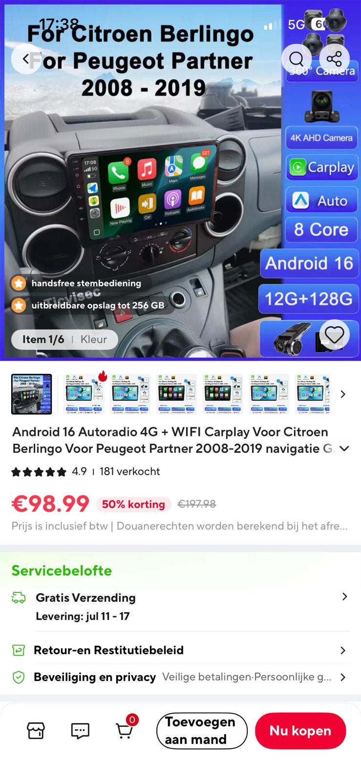 Carplay scherm plus camera te koop nog nieuw in de doos, Ophalen