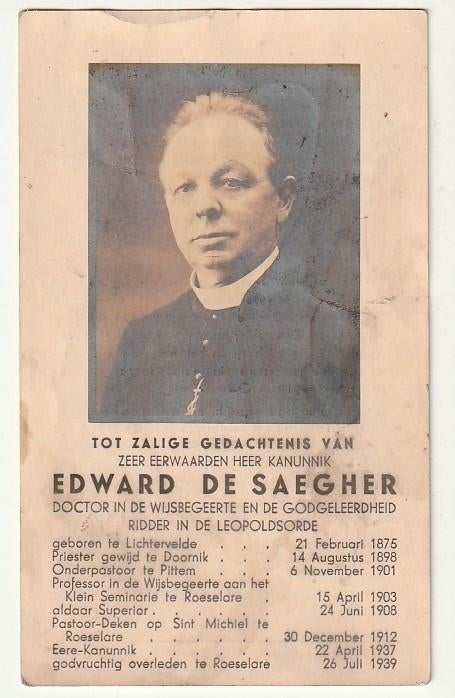 Kannunik DE SAEGHER Lichtervelde 1875 Pittem Roeselare 1939, Verzamelen, Verzenden, Bidprentje